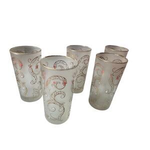 Libbey Mid-Century Frosted Glass Tumblers Lot of 5 – Gold & Enamel Floral Scroll